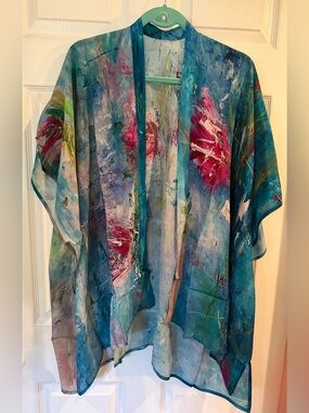 Watercolor Floral Sheer Kimono in Teal and Pink - Maria Nicola, one size